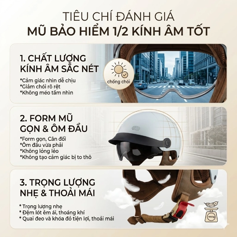 Tiêu chí đánh giá mũ bảo hiểm 1/2 kính âm tốt