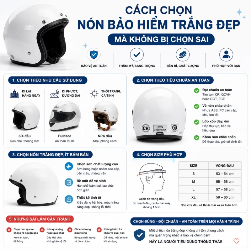 Cách chọn nón bảo hiểm trắng đẹp mà không bị chọn sai