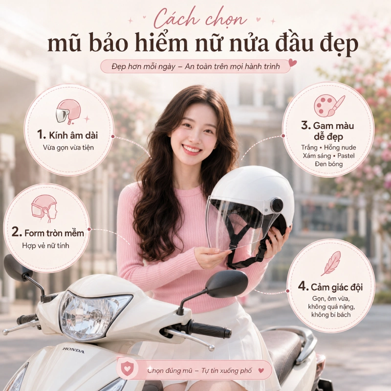 Cách chọn mũ bảo hiểm nữ nửa đầu đẹp