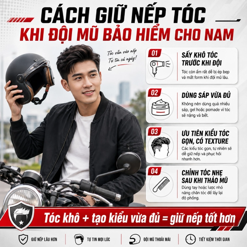 Cách giữ nếp tóc khi đội mũ bảo hiểm cho nam