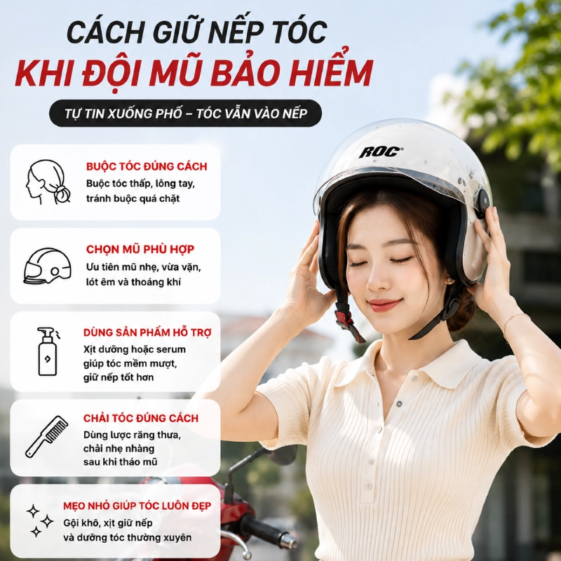 Cách giữ nếp tóc khi đội mũ bảo hiểm cho nữ