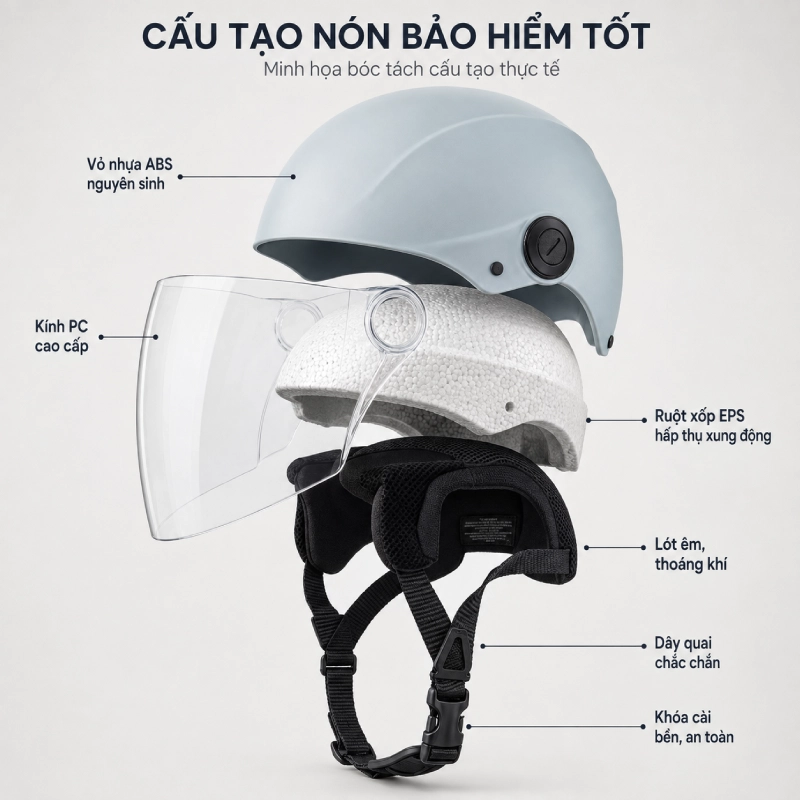 Nón bảo hiểm tốt phải có cấu tạo bảo vệ như thế nào?