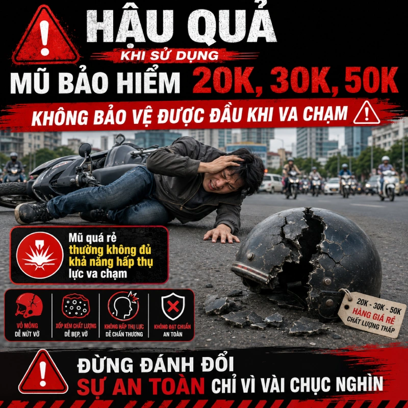 Hậu quả khi sử dụng mũ bảo hiểm 20k, mũ bảo hiểm 30k, mũ bảo hiểm 50k là không có khả năng bảo vệ đầu khi có va chạm