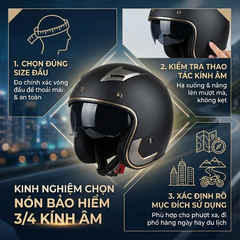 Kinh nghiệm chọn nón bảo hiểm 3/4 kính âm