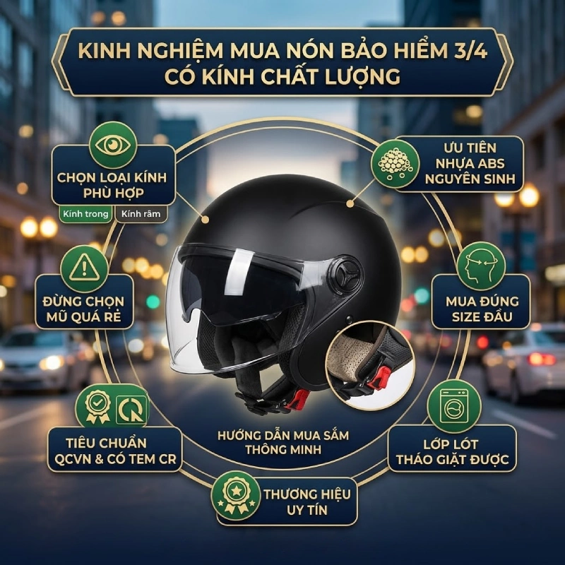 Kinh nghiệm mua nón bảo hiểm 3/4 có kính chất lượng