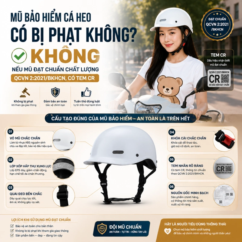 Mũ bảo hiểm cá heo có bị phạt không? Không nếu mũ đặt chuẩn
