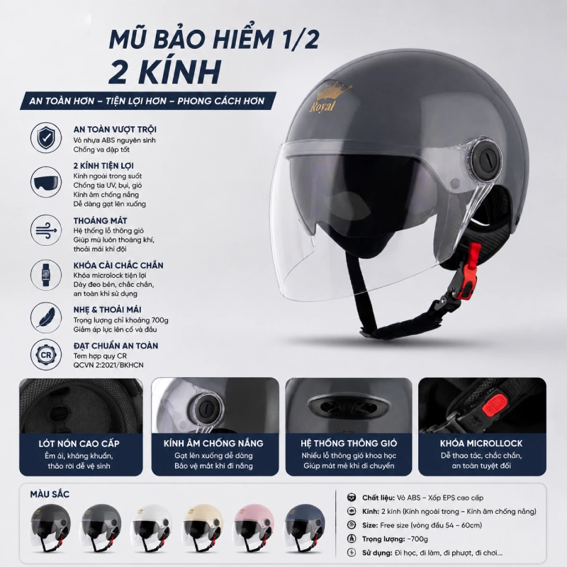 Mũ bảo hiểm 1/2 2 kính