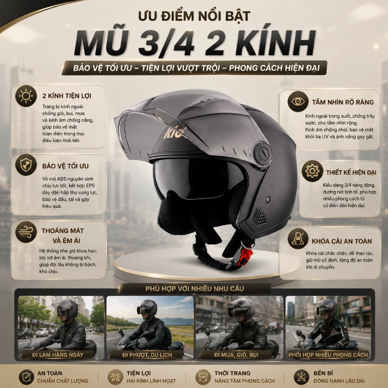 Các lọai mũ bảo hiểm 3/4 gồm mũ 2 kính