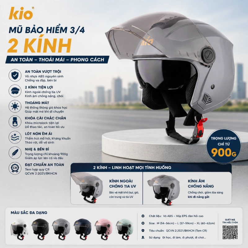 Mũ bảo hiểm 3/4 2 kính
