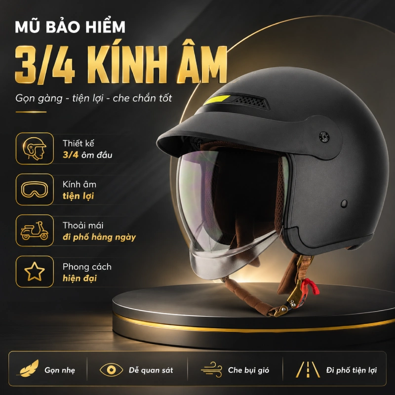 Mũ bảo hiểm 3/4 kính âm