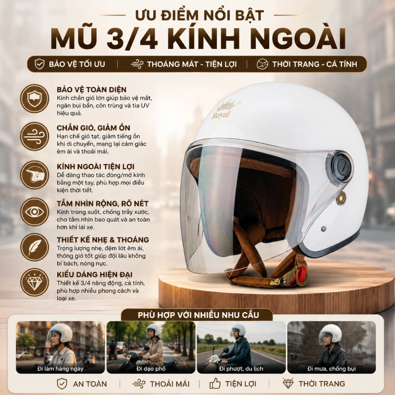 Các loại mũ bảo hiểm 3/4 gồm có mũ kính ngoài