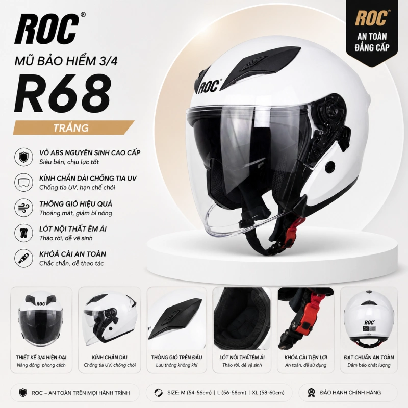 Mũ bảo hiểm màu trắng ROC R68