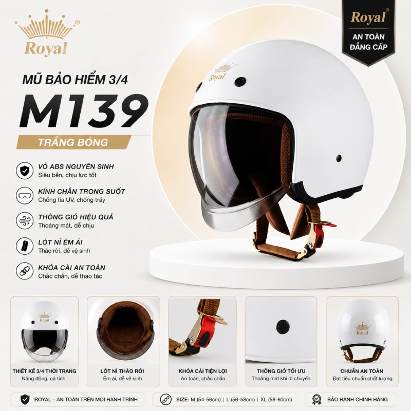 Mũ bảo hiểm màu trắng Royal M139