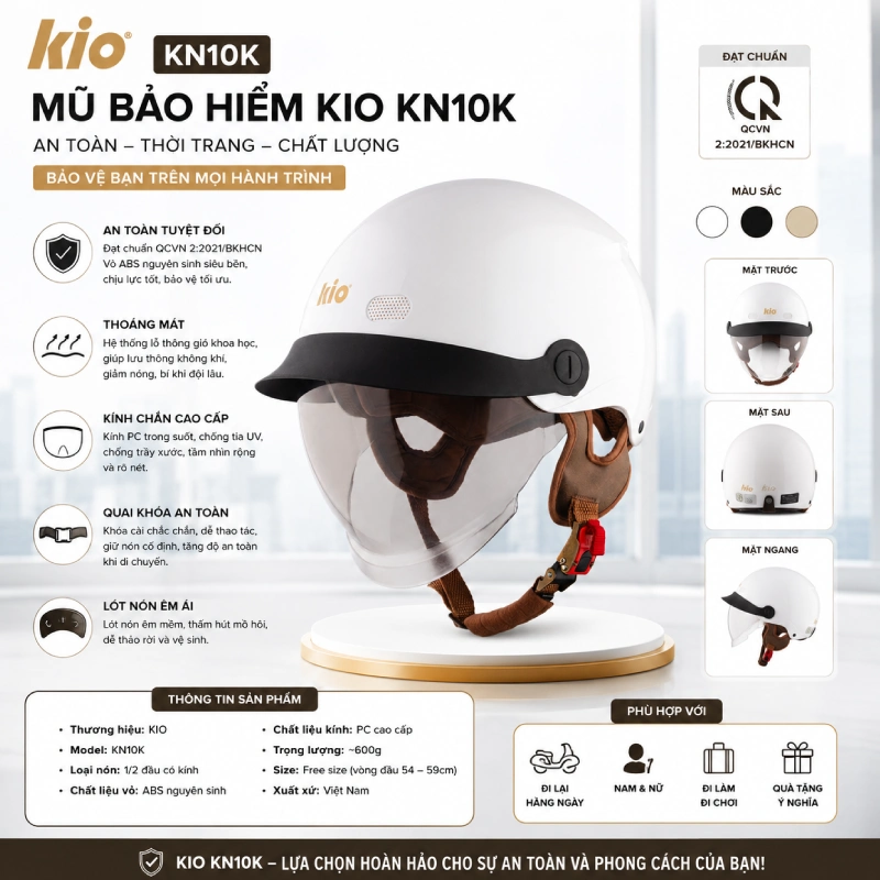 Mũ bảo hiểm màu trắng KiO KN10K