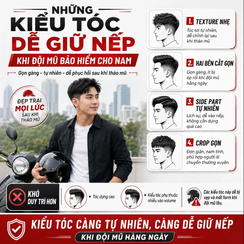 Những kiểu tóc dễ giữ nếp khi đội mũ bảo hiểm cho nam