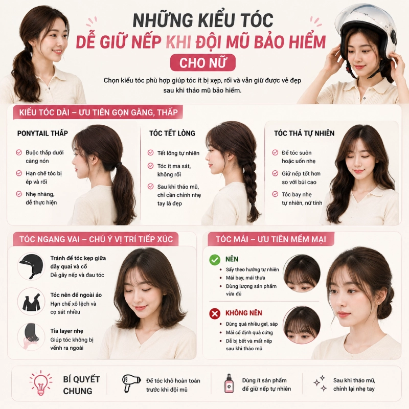 Những kiểu tóc dễ xử lý khi đội mũ bảo hiểm cho nữ
