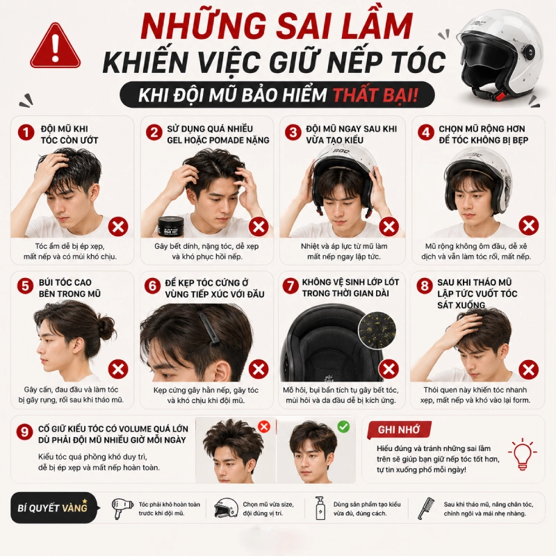 Những sai lầm khiến việc giữ nếp tóc khi đội mũ bảo hiểm thất bại