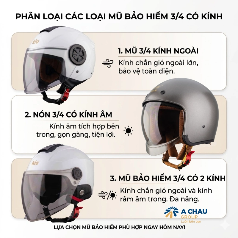 Phân loại các loại mũ bảo hiểm 3/4 có kính