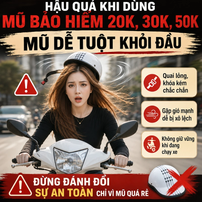 Quai đeo, khóa cài lỏng lẻo khiến mũ dễ tuột khỏi đầu khi đội mũ bảo hiểm 20k