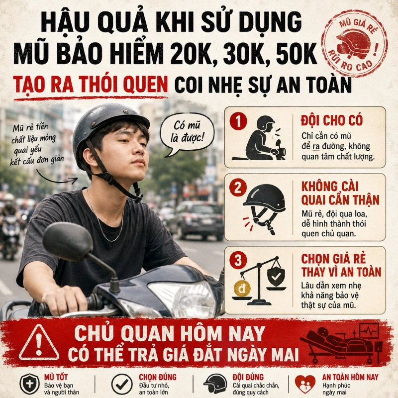 Sử dụng mũ bảo hiểm 20 -50k Tạo ra thói quen coi nhẹ sự an toàn