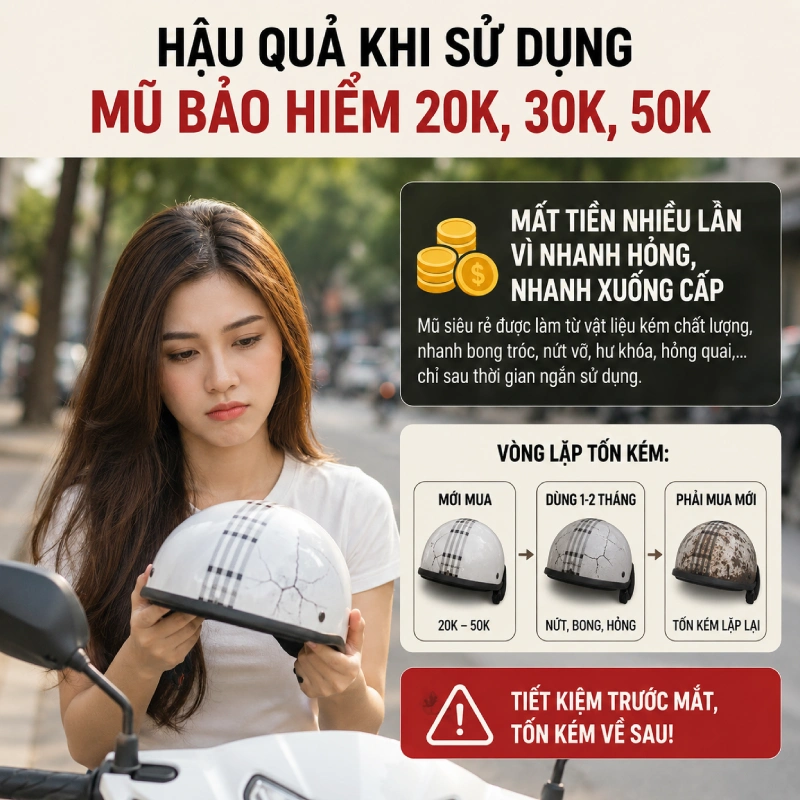 Sử dụng mũa bảo hiểm 20k, 30k, 50k khiến Mất tiền nhiều lần vì nhanh hỏng, nhanh xuống cấp