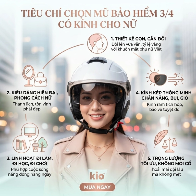 Tiêu chí chọn mũ bảo hiểm 3/4 có kính cho nữ