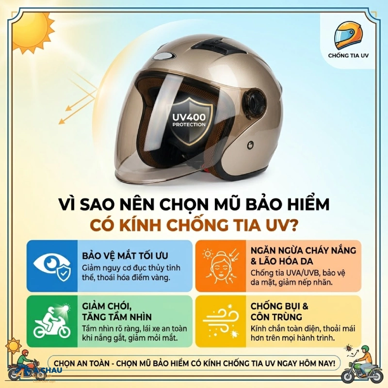 Vì sao nên chọn mũ bảo hiểm có kính chống tia UV?