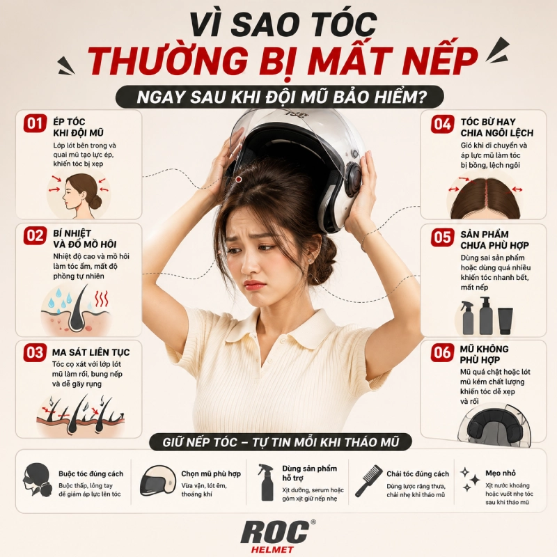 Vì sao tóc thường bị mất nếp ngay sau khi đội mũ bảo hiểm?